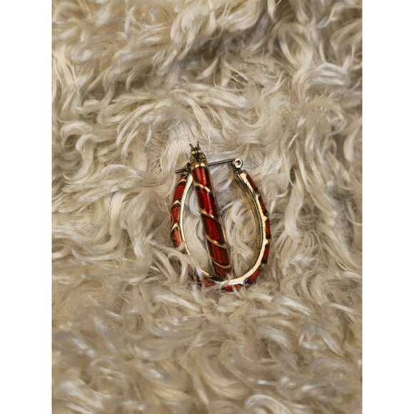 Pair of Gold Toned Hoop Earrings with Red Accent - Picture 6 of 8